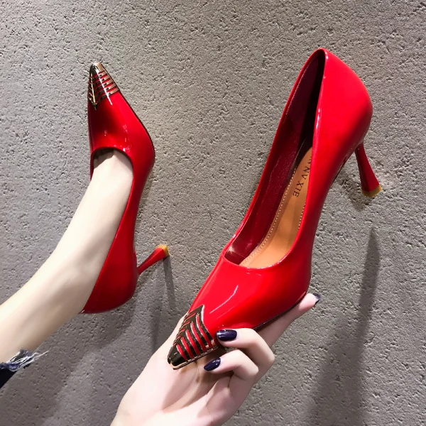 Chic / Beautiful Black Evening Party Patent Leather Pumps 2021 7 cm Stiletto Heels Pointed Toe Pumps High Heels