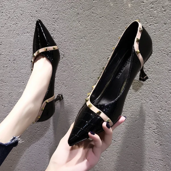 Chic / Beautiful Black Evening Party Patent Leather Rivet Pumps 2021 6 cm Stiletto Heels Pointed Toe Pumps High Heels