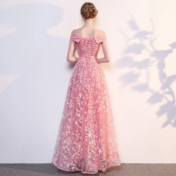Mode Rosa Selskabskjoler 2018 Prinsesse Stjerne Broderet Rhinestone Off-The-Shoulder Ærmeløs Halterneck Lange Kjoler