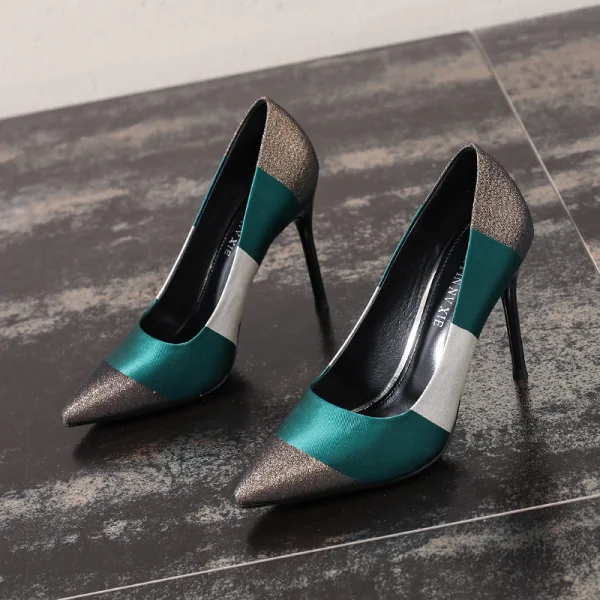Fine Multi-Farger Glitter Konkurranse Pumps 2021 10 cm Stiletthæler Spisse Pumps Høyhælte