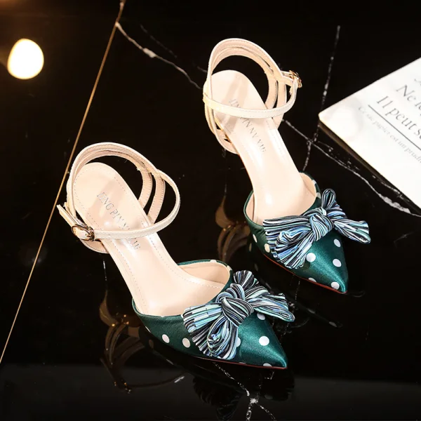 Charmant Grün Abend Geflecktes Schleife Sandalen Damen 2021 8 cm Stilettos Spitzschuh Sandaletten Hochhackige