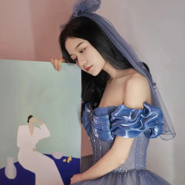 Chic / Beautiful Ocean Blue Prom Dresses 2021 A-Line / Princess Ruffle Off-The-Shoulder Beading Short Sleeve Backless Floor-Length / Long Prom Formal Dresses
