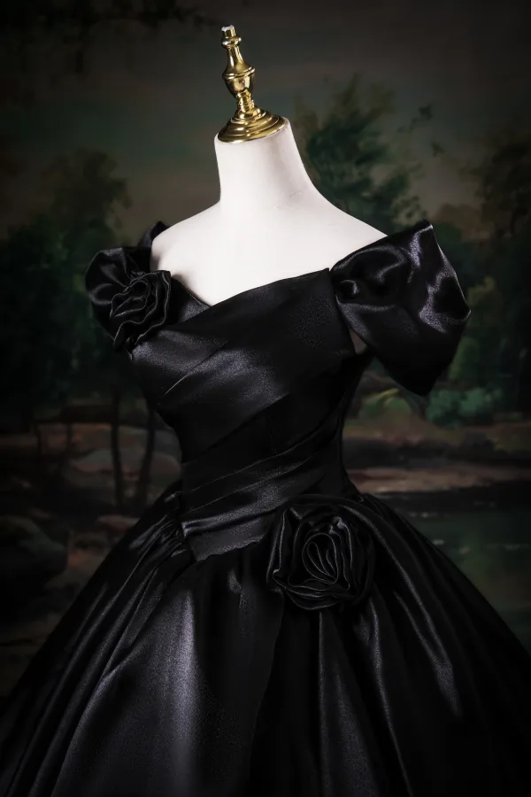 Vintage / Retro Black Prom Dresses 2025 Ball Gown Off-The-Shoulder Short Sleeve Backless Floor-Length / Long Prom Formal Dresses