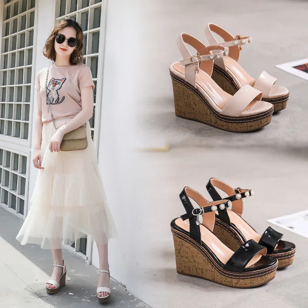 Mode Noire Vêtement de rue Perle Sandales Femme 2021 Bride Cheville 11 cm Compensées Peep Toes / Bout Ouvert Sandales Talons Hauts