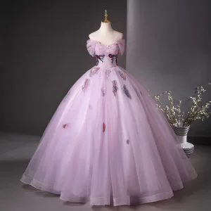 Elegant Lilac Beading Sequins Lace Flower Prom Dresses 2025 Ball Gown Off The Shoulder Short Sleeve Backless Floor Length Long Prom Formal Dresses
