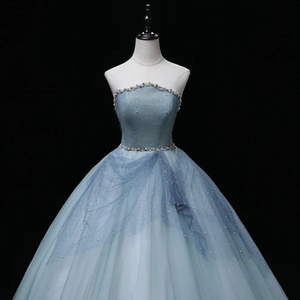 Chic / Beautiful Sky Blue Pearl Sequins Prom Dresses 2022 Ball Gown Strapless Sleeveless Backless Floor-Length / Long Formal Dresses