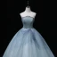 Chic / Beautiful Sky Blue Pearl Sequins Prom Dresses 2022 Ball Gown Strapless Sleeveless Backless Floor-Length / Long Formal Dresses