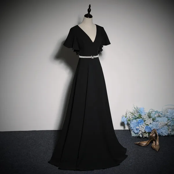 Elegant Sorte Perle Rhinestone Sløjfe Bælte Gallakjoler 2023 Prinsesse V-Hals Kort Ærme Lange Galla Kjoler