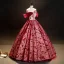 Vintage / Retro Red Beading Printing Prom Dresses 2023 Ball Gown Off-The-Shoulder Short Sleeve Backless Floor-Length / Long Formal Dresses