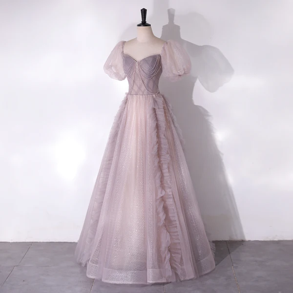 Chic / Beautiful Lavender Glitter Beading Prom Dresses 2024 A-Line / Princess Square Neckline Short Sleeve Backless Floor-Length / Long Prom Formal Dresses
