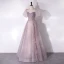 Chic / Beautiful Lavender Glitter Beading Prom Dresses 2024 A-Line / Princess Square Neckline Short Sleeve Backless Floor-Length / Long Prom Formal Dresses