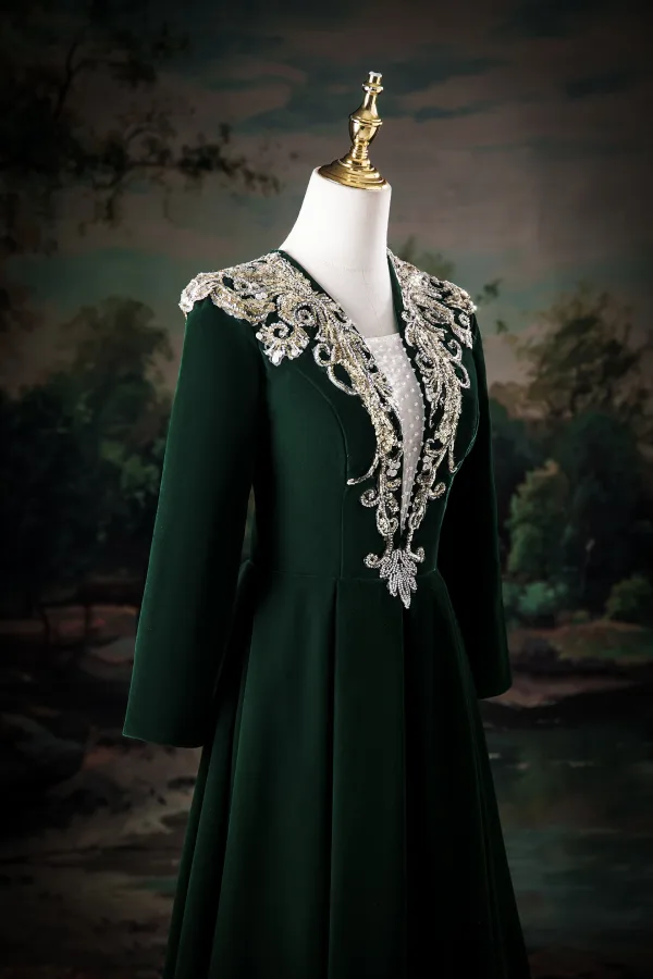 Vintage / Retro Dark Green Beading Sequins Velvet Prom Dresses 2025 A-Line / Princess V-Neck Long Sleeve Floor-Length / Long Prom Formal Dresses