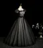 Élégant Noire Appliques Noeud Ceinture Robe De Bal 2025 Robe Boule Encolure Carrée Gonflée Manches Courtes Dos Nu Longue Robe De Ceremonie