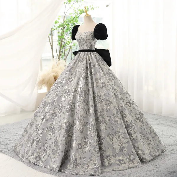 Schöne Schwarz Drucken Ballkleider 2023 Ballkleid Eckiger Ausschnitt Kurze Ärmel Rückenfreies Schleife Lange Ballkleider