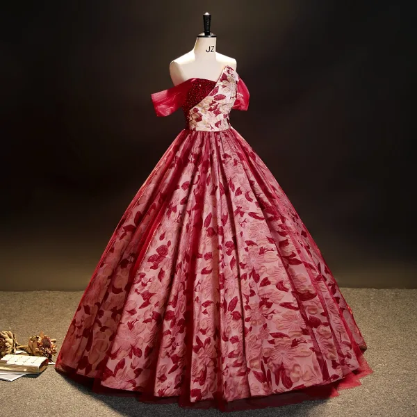 Chic / Beautiful Red Beading Pearl Sequins Printing Prom Dresses 2023 Ball Gown Off-The-Shoulder Sleeveless Backless Floor-Length / Long Prom Formal Dresses
