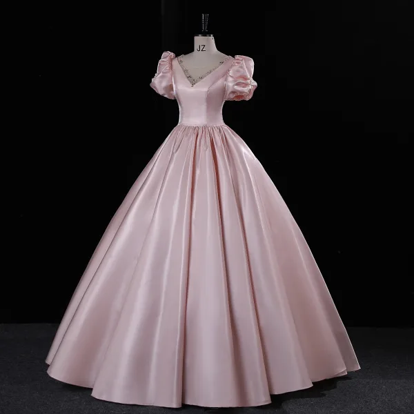 Lovely Blushing Pink Rhinestone Satin Prom Dresses 2023 Ball Gown Scoop Neck Puffy Short Sleeve Backless Floor-Length / Long Prom Formal Dresses
