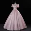 Lovely Blushing Pink Rhinestone Satin Prom Dresses 2023 Ball Gown Scoop Neck Puffy Short Sleeve Backless Floor-Length / Long Prom Formal Dresses