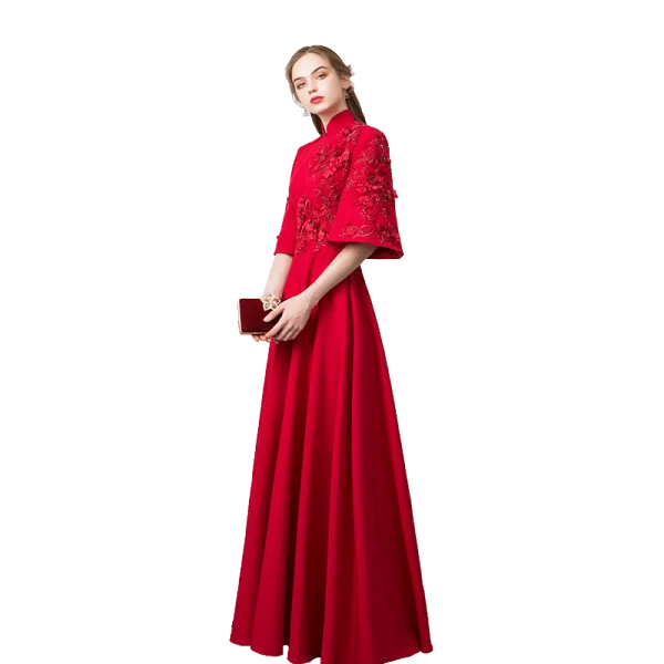 Chic / Beautiful Burgundy Evening Dresses 2019 A-Line / Princess High Neck Beading Lace Flower Appliques Bell sleeves Floor-Length / Long Formal Dresses
