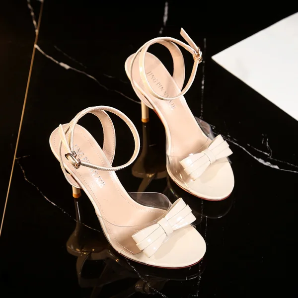 Sexy Transparent Noire Cocktail Sandales Femme 2021 Bride Cheville Noeud 9 cm Talons Aiguilles Peep Toes / Bout Ouvert Sandales Talons Hauts