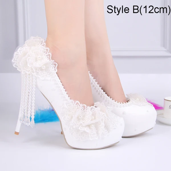 Charming Ivory Lace Flower Wedding Shoes 2021 Waterproof Pearl Tassel 15 cm Stiletto Heels Round Toe Wedding Pumps High Heels