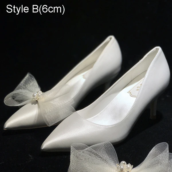Classic Ivory Tulle Bow Pearl Wedding Shoes 2021 Leather 8 cm Stiletto Heels Pointed Toe Wedding Pumps High Heels
