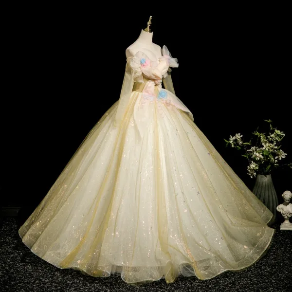Elegant Yellow Appliques Prom Dresses 2025 Ball Gown Off-The-Shoulder Long Sleeve Backless Floor-Length / Long Formal Dresses