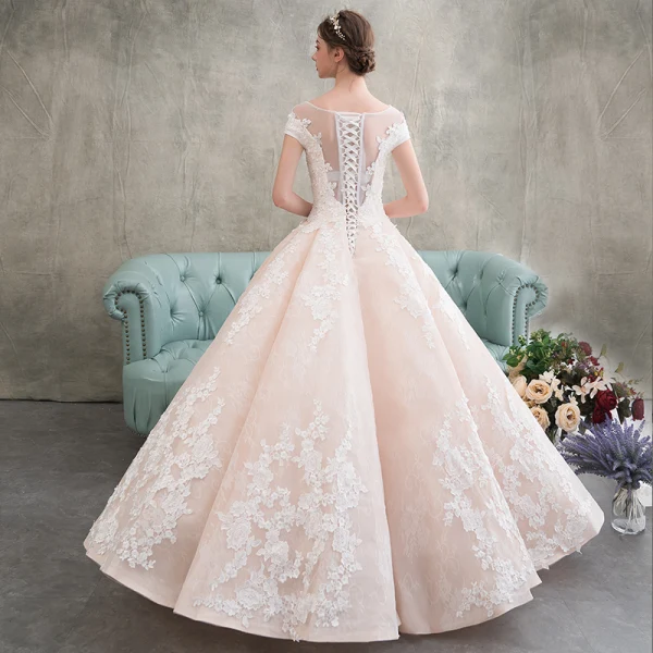 Elegant Champagne Wedding Dresses 2018 Ball Gown Appliques Lace Scoop Neck Short Sleeve Floor-Length / Long Wedding