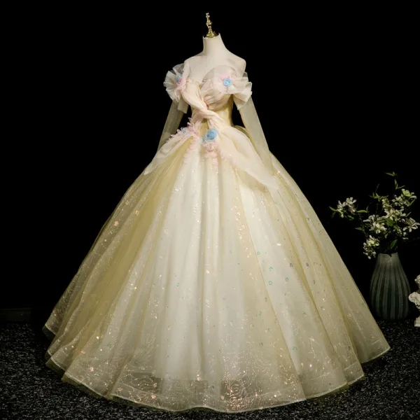Elegant Yellow Appliques Prom Dresses 2025 Ball Gown Off-The-Shoulder Long Sleeve Backless Floor-Length / Long Formal Dresses