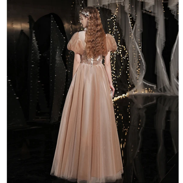 Vintage / Retro Gold Prom Dresses 2021 A-Line / Princess High Neck Beading Appliques Lace Flower Short Sleeve Backless Floor-Length / Long Prom Formal Dresses