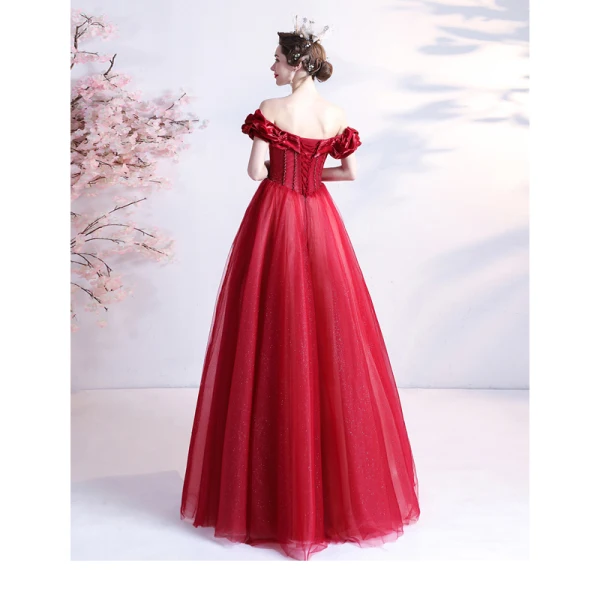 Vintage / Retro Burgundy Prom Dresses 2021 A-Line / Princess Ruffle Off-The-Shoulder Beading Crystal Rhinestone Short Sleeve Backless Floor-Length / Long Prom Formal Dresses