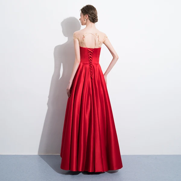 Chic / Belle Rouge Robe De Soirée 2018 Princesse Paillettes Encolure Dégagée Dos Nu Manches Courtes Longue Robe De Ceremonie
