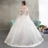 Elegant Champagne Wedding Dresses 2018 Ball Gown Appliques Lace Beading Pearl Off-The-Shoulder Backless Long Sleeve Floor-Length / Long Wedding