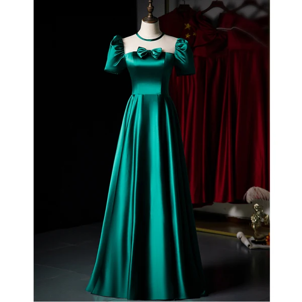 Vintage / Retro Dark Green Satin Prom Dresses 2021 A-Line / Princess Scoop Neck Short Sleeve Backless Bow Floor-Length / Long Prom Formal Dresses