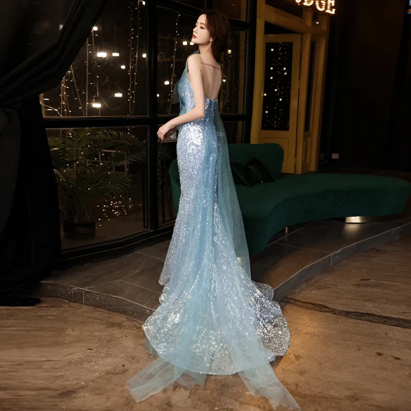 Étourdissant Bleu Ciel Paillettes Robe De Soirée 2021 Trompette / Sirène Bustier Sans Manches Dos Nu Noeud Train De Balayage Soirée Robe De Ceremonie