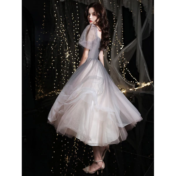 Fashion Glitter Grey Homecoming Graduation Dresses 2021 A-Line / Princess Square Neckline Beading Crystal Short Sleeve Backless Tea-length Formal Dresses