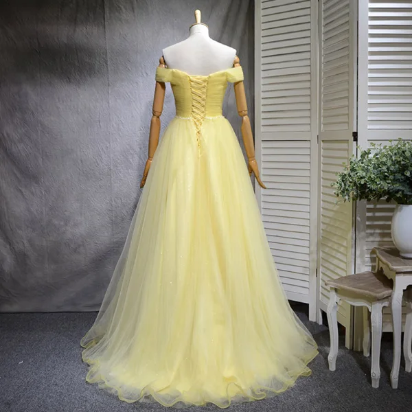 Schöne Gelb Ballkleider 2018 A Linie Pailletten Off Shoulder Rückenfreies Ärmellos Sweep / Pinsel Zug Festliche Kleider