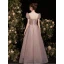 Vintage / Retro Glitter Dusky Pink Evening Dresses  Prom Dresses 2021 A-Line / Princess V-Neck Lace Flower Short Sleeve Backless Floor-Length / Long Formal Dresses
