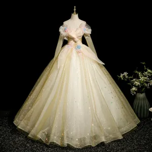 Élégant Jaune Appliques Robe De Bal 2025 Robe Boule De L Épaule Manches Longues Dos Nu Longue Robe De Ceremonie