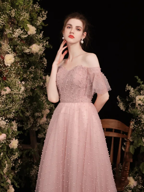 Chic / Beautiful Dusky Pink Glitter Pearl Prom Dresses 2021 A-Line / Princess Off-The-Shoulder Short Sleeve Backless Tea-length Prom Formal Dresses