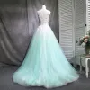 Chic / Beautiful Gradient-Color Prom Dresses 2018 Ball Gown Beading Appliques Lace Scoop Neck Backless Sleeveless Floor-Length / Long Formal Dresses