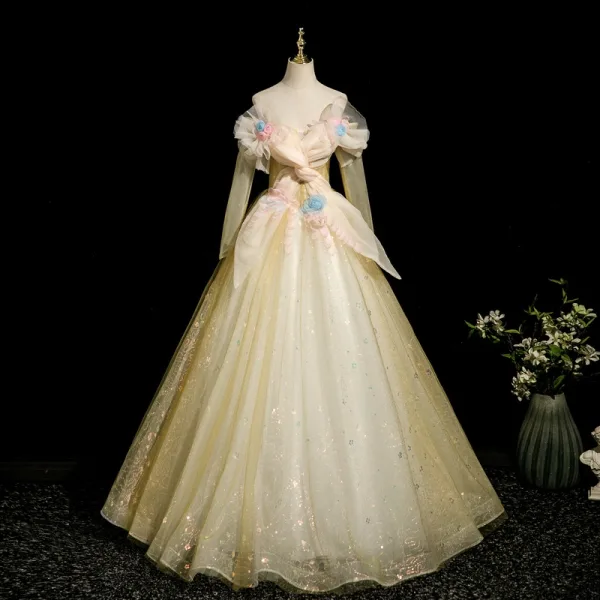 Elegant Yellow Appliques Prom Dresses 2025 Ball Gown Off-The-Shoulder Long Sleeve Backless Floor-Length / Long Formal Dresses