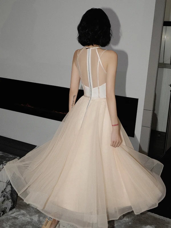 Fashion Champagne Prom Dresses 2021 A-Line / Princess Scoop Neck Sash Sleeveless Tea-length Prom Formal Dresses