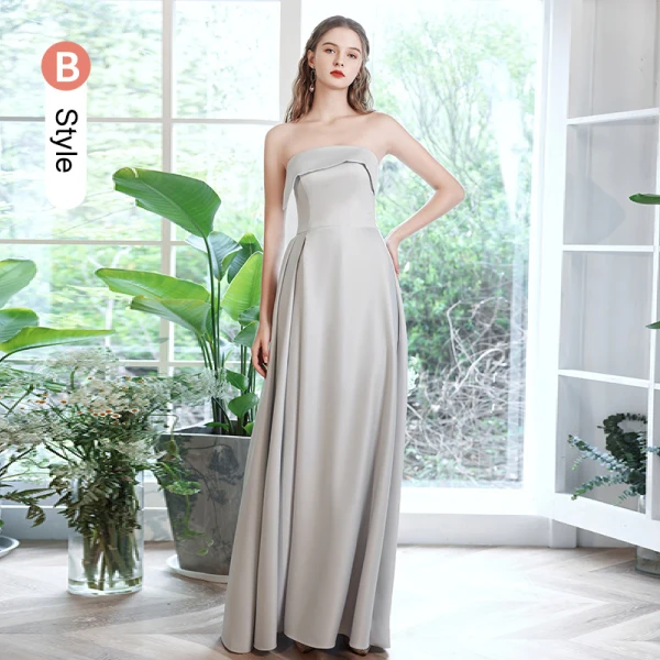 Modest / Simple Grey Satin Bridesmaid Dresses 2021 A-Line / Princess Short Sleeve Backless Floor-Length / Long Wedding Party Dresses
