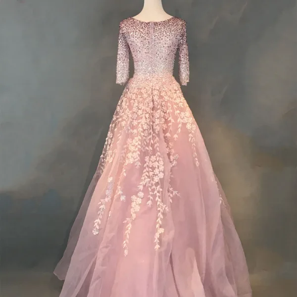 Chic / Beautiful Blushing Pink Prom Dresses 2018 Ball Gown Appliques Lace Handmade Beading Crystal Sequins Scoop Neck 3/4 Sleeve Sweep Train Formal Dresses