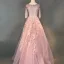 Chic / Beautiful Blushing Pink Prom Dresses 2018 Ball Gown Appliques Lace Handmade  Beading Crystal Sequins Scoop Neck 3/4 Sleeve Sweep Train Formal Dresses