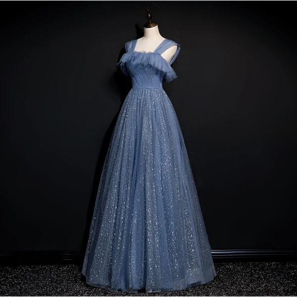 Fashion Ocean Blue Glitter Starry Sky Evening Dresses  Prom Dresses 2021 A-Line / Princess Ruffle Square Neckline Sleeveless Backless Floor-Length / Long Formal Dresses