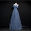 Fashion Ocean Blue Glitter Starry Sky Evening Dresses  Prom Dresses 2021 A-Line / Princess Ruffle Square Neckline Sleeveless Backless Floor-Length / Long Formal Dresses