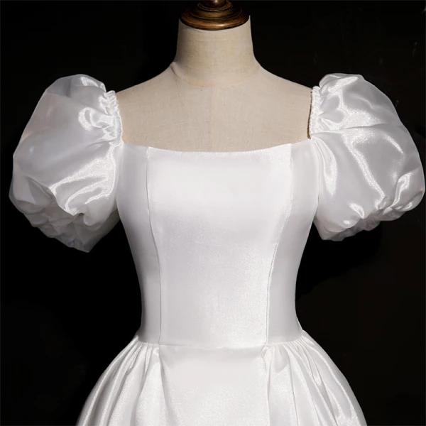Vintage Schlicht Ivory / Creme Satin Brautkleider / Hochzeitskleider 2021 A Linie Eckiger Ausschnitt Kurze Ärmel Rückenfreies Wadenlang Hochzeit