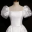 Vintage Schlicht Ivory / Creme Satin Brautkleider / Hochzeitskleider 2021 A Linie Eckiger Ausschnitt Kurze Ärmel Rückenfreies Wadenlang Hochzeit