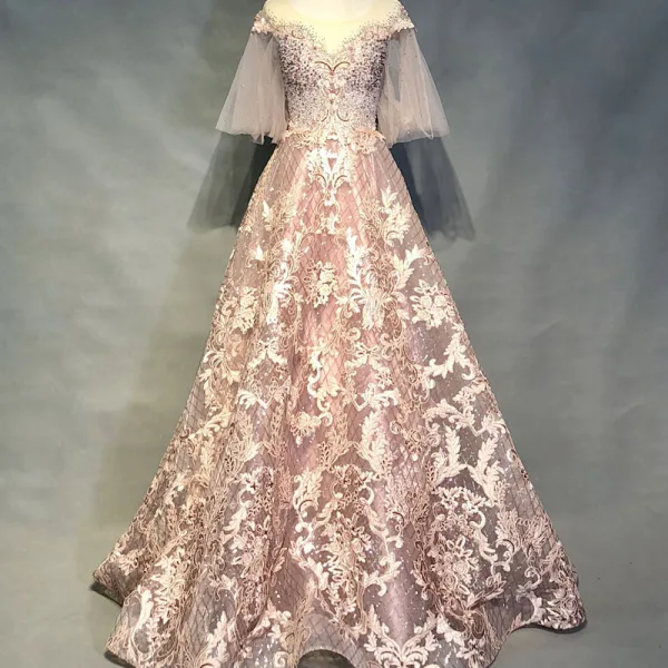 Luxe Perle Rose Robe De Soirée 2018 Princesse Appliques En Dentelle Perlage Cristal Faux Diamant Paillettes Encolure Dégagée Dos Nu 1/2 Manches Longue Robe De Ceremonie